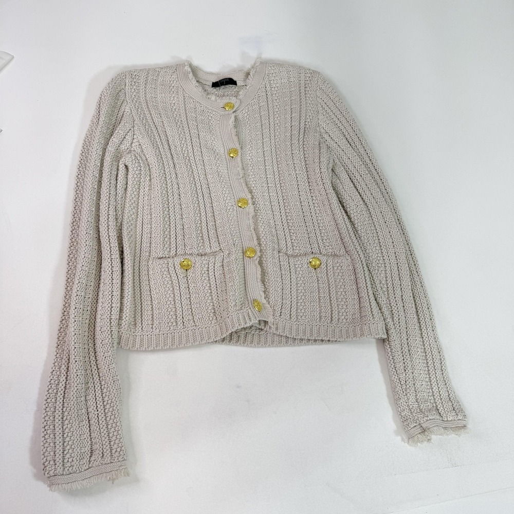 Tahari Sweater Womens Medium Beige Textured Knit Gold Button Cardigan Pockets